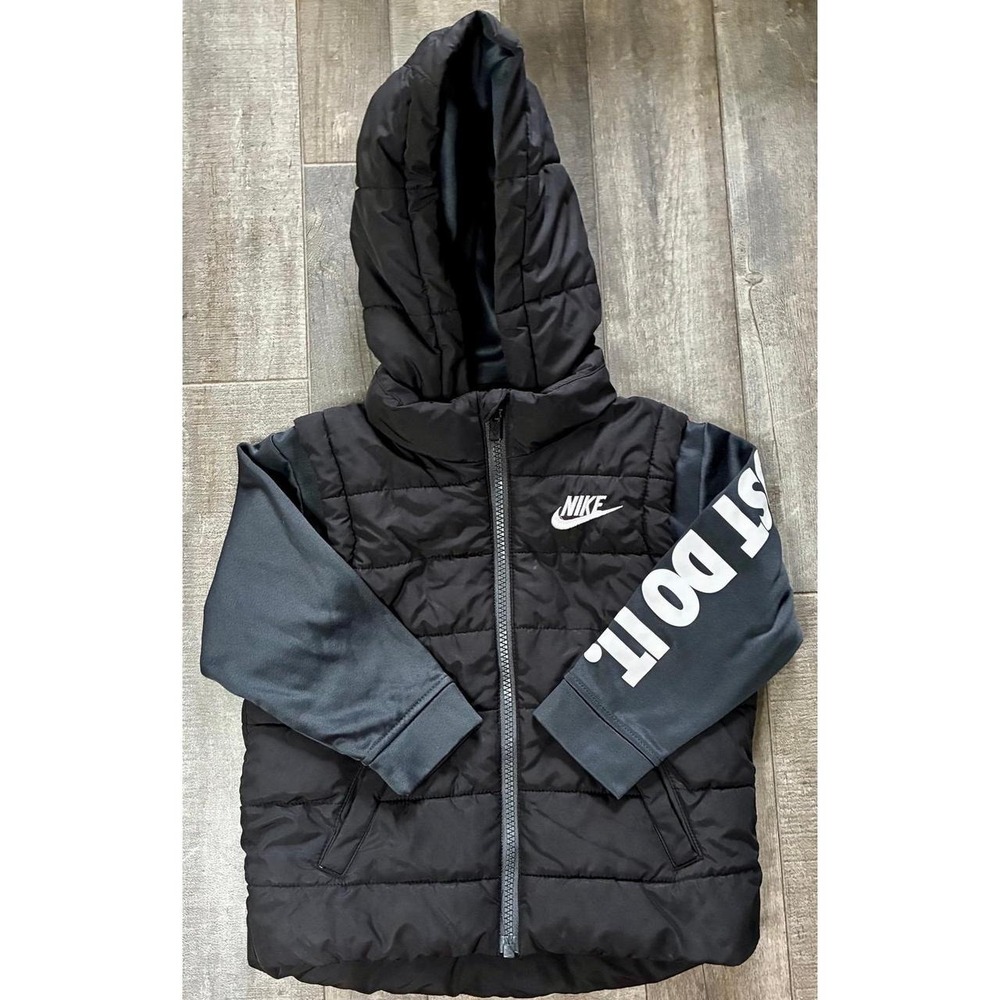 Nike Toddler Boys 2-Fer Puffer Jacket Hooded Black Fleece Sleeve 3T Great Condit